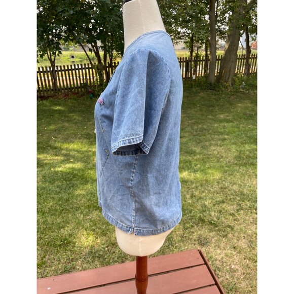 3D Vintage Floral Embroidered Denim Top L Lemon Grass Womens Y2K Button Up - Picture 4 of 9